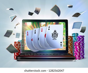 3D Illustration Of Four Of A Kind Aces Playing Cards Against A Laptop Screen. Gambling Concept Suggesting The Idea Of Playing Video Versions Of Poker Games On Offer At Online Casinos