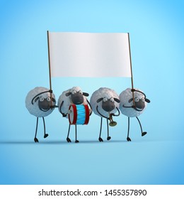 3d illustration four walking cute cartoon sheeps with empty banner on blue background - Powered by Shutterstock