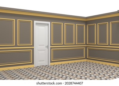 3d Illustration Foyer Ballroom Door Entrance With Pillar Wall Decor Antique Decoration Empty Room  And Carpet Flooring.