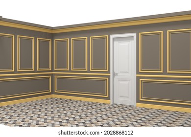 3d Illustration Foyer Ballroom Door Entrance With Pillar Wall Decor Antique Decoration Empty Room  And Carpet Flooring.