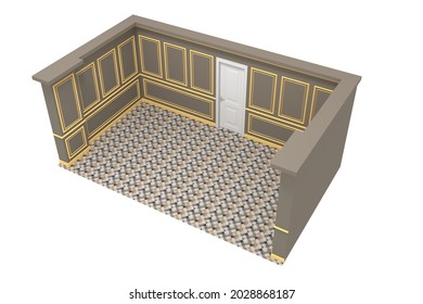 3d Illustration Foyer Ballroom Door Entrance With Pillar Wall Decor Antique Decoration Empty Room  And Carpet Flooring. Image Isolated.