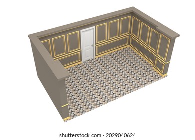 3d Illustration Foyer Ballroom Door Entrance With Pillar Wall Decor Antique Decoration Empty Room  And Carpet Flooring. Image Isolated.