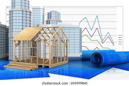 3d illustration of frame house construction with urban scene over business graph background