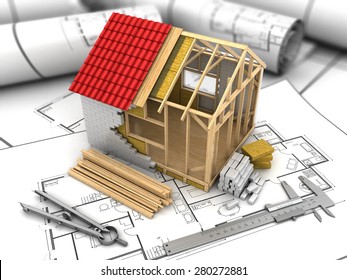 3D-Illustration des Rahmenhausmodells auf Blauhintergrund
