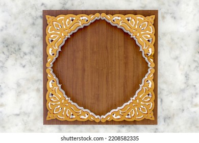 3d Illustration Frame Islamic Ornament Gold Texture With Base Wood For Logo Company  Wall Decoration.