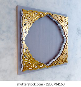 3d Illustration Frame Islamic Ornament Gold Texture With Base Wood For Logo Company  Wall Decoration.