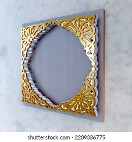 3d Illustration Frame Islamic Ornament Gold Texture With Base Wood For Logo Company  Wall Decoration.