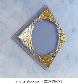 3d Illustration Frame Islamic Ornament Gold Texture With Base Wood For Logo Company  Wall Decoration.