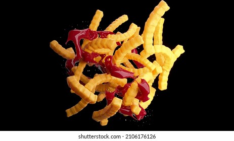 3D Illustration Of French Fries - Fried Potatoes - Potato Fry Flying - Fly Fastfood Isolated On Background . 