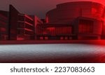3D Illustration Front Angle red building with rays. Background of an empty corridor, parking, airport with ambient light. Abstract background with lines and glow. concrete asphalt,reflection of lights
