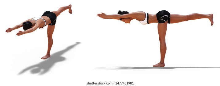 3D illustration of Front three-quarters and Left Profile Poses of a Woman in Yoga Warrior Three Pose with a white background