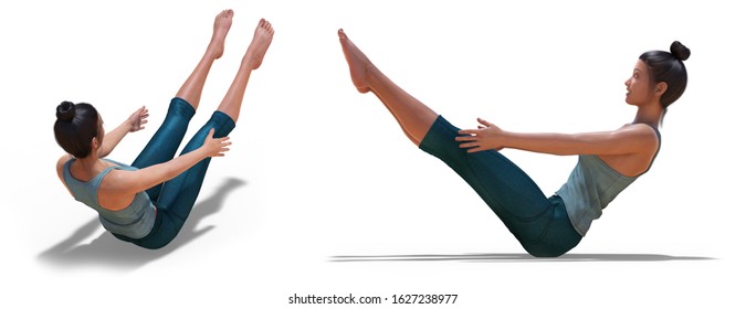 3D Illustration Of Front Three-quarters And Left Profile Poses Of A Virtual Woman In Yoga Boat Pose With A White Background