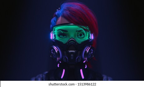 3d illustration of a front view of a cyberpunk girl in futuristic gas mask with protective green glasses and filters in stylish jacket with purple el wire standing in a night scene with air pollution.