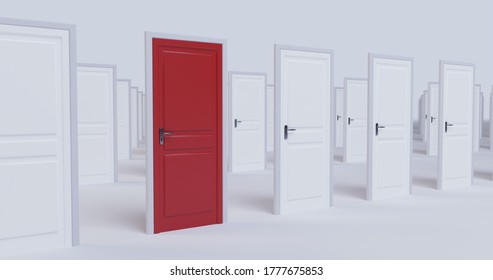 3D Illustration Front View Of Multiple Doors With Only One Red