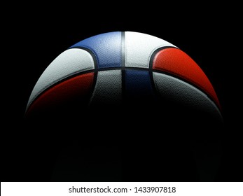 3D Illustration. Front View On Red White And Blue USA Colored Single Basketball Sitting On Black Background. Light Shining Directly On Basketball. Dramatic Lighting