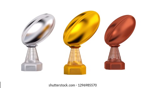 3D illustration of Front View of Rugby Gold Silver and Bronze Trophies on a white Background - Powered by Shutterstock