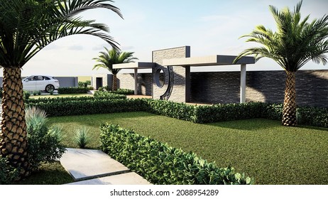 3d illustration of front yard landscape design close view of lawn and grass, Dubai, 2021