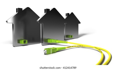 3D Illustration Of A FTTH Network For High Broadband Access Over White Background