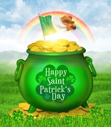 3D Illustration With A Full Pot Of Lucky Gold Coins And The National Flag Of Ireland, Set Against A Background With Rainbow Sky And Fresh Spring Grass. St. Patrick Day Congratulatory Banner Design