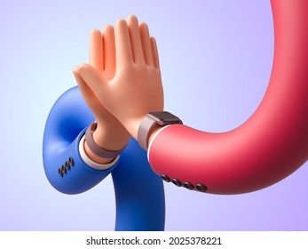 3d Illustration. Funny Cartoon Characters Spiral Hand Clap Their. Business Clip Art Isolated On Purple Background. Cartoon Character Hands Prayer Gesture. Agreement Concept
