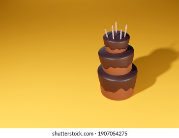 3d Illustration Of A Funny Cartoon Chocolate Cake. Festive Candles Decorate The Top Of The Cake. Sloppy Style