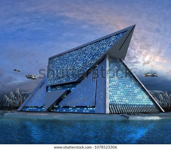 未来的な建物の3dイラスト 技術者の三角形の建物 水に囲まれた建物 Sfやビデオゲームの背景 のイラスト素材