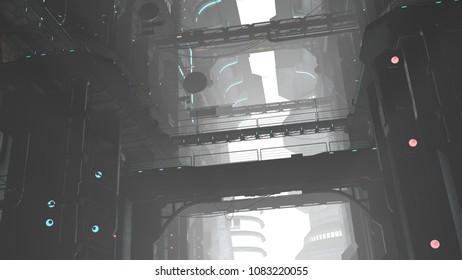 3D Illustration Of A Futuristic Cityscape In Cyberpunk Style. Industrial Landscape In A White Haze. Gloomy Urban Wallpaper