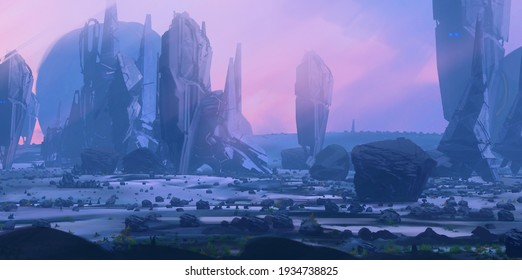 3D Illustration. Futuristic Concept Art. Digitally Painted Landscape With Ruins. Space Opera Imaginary Universe.