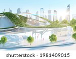 3D Illustration futuristic environmental city architecture with building covered in vegetation and high rise structures in a sunny day.
