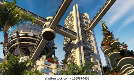 3D Illustration futuristische Umwelt Stadtarchitektur mit Bauterrassen bedeckt mit Vegetation und Hochbau durch Brücken verbunden.