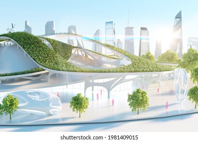 3D Illustration futuristic environmental city architecture with building covered in vegetation and high rise structures in a sunny day. - Powered by Shutterstock