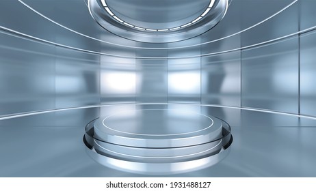 3D Illustration Of Futuristic Glass Room With A Circle Podium In The Center For Product Presentation. 3D Rendering Of Digital Glass Room For Graphic Source.