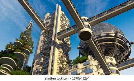 3D Illustration ist eine futuristische grüne Stadt mit bepflanzten Terrassen, Hochhäusern und Skywalks, für Umweltarchitektur Hintergründe.