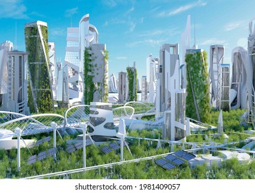 3D Illustration Of A Futuristic Green City With An Organic Architecture, For Fantasy And Science Fiction Backgrounds.