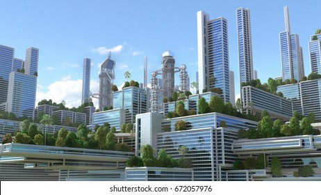 3D Illustration of a futuristic "green" city with highrise buildings and terraces covered in vegetation, for environmental architecture backgrounds.  - Powered by Shutterstock