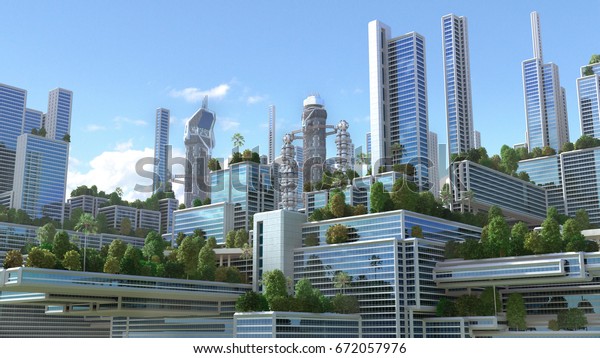 環境建築の背景に 高層ビルや段々木が植生に覆われた未来的な 緑 の