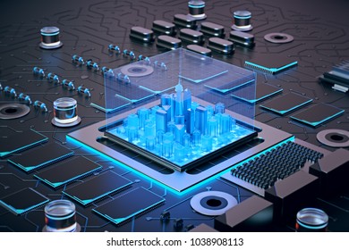 3d Illustration Of Futuristic Micro Chip City. Computer Science Information Technology Background. Sci Fi Megalopolis.