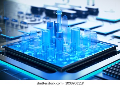 3d Illustration Of Futuristic Micro Chip City. Computer Science Information Technology Background. Sci Fi Megalopolis.