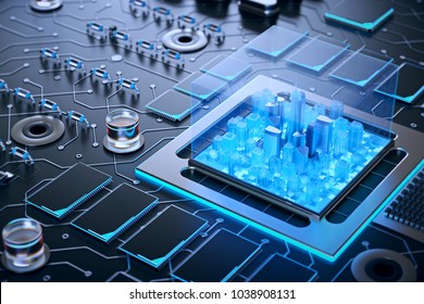 3d Illustration Of Futuristic Micro Chip City. Computer Science Information Technology Background. Sci Fi Megalopolis.