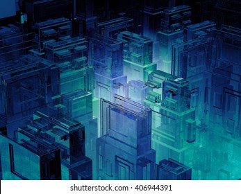 3d Illustration Of Futuristic Micro Chip City. Computer Science Information Technology Background. Sci Fi Megalopolis.