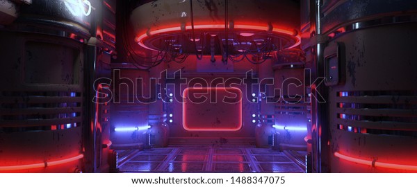 青と赤のネオンライトを持つ未来的な部屋の3dイラスト サイバーパンクのシーン 工業用壁紙 グランジ内部 のイラスト素材 1488347075