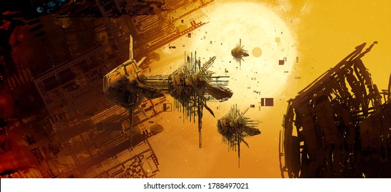 3D illustration. Futuristic science fiction scenery. Spacecraft concept art. Space art.