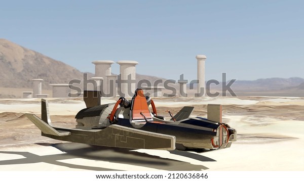 3d illustration of a futuristic speeder bike in\
a desert environment with a primitive city in the background -\
fantasy painting