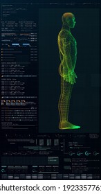 3d Illustration, Futuristic Virtual Holographic Head Up Display Of Biomedical Human Body Scan, Neurological Examination, Vertebral Column And Heart Diagnostic For Tablet Display