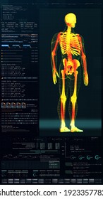 3d Illustration, Futuristic Virtual Holographic Head Up Display Of Biomedical Human Body Scan, Neurological Examination, Vertebral Column And Heart Diagnostic For Tablet Display