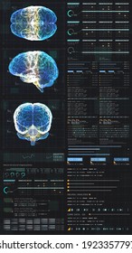 3d Illustration, Futuristic Virtual Holographic Head Up Display Of Biomedical Human Body Scan, Neurological Examination, Vertebral Column And Heart Diagnostic For Tablet Display
