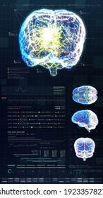 3d Illustration, Futuristic Virtual Holographic Head Up Display Of Biomedical Human Body Scan, Neurological Examination, Vertebral Column And Heart Diagnostic For Tablet Display