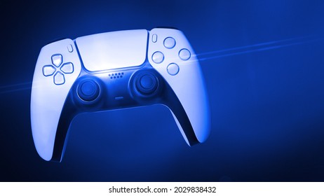 Ilustración 3D - controlador de juegos con reflejo de lente en colores azules