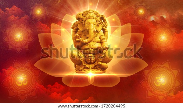 3D illustration Ganesh on a golden background with Om symbol. Deity of the elephant headed Indian god of wisdom and prosperity.