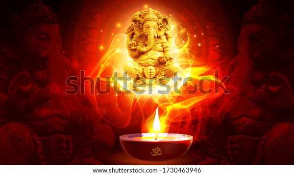 Ganesh on a golden background with Om symbol. Deity of the elephant headed Indian god of wisdom and prosperity.